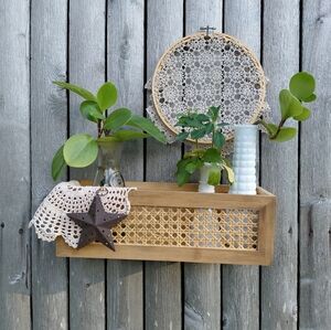 Wooden floating bin shelf light natural wood woven rattan boho storage container